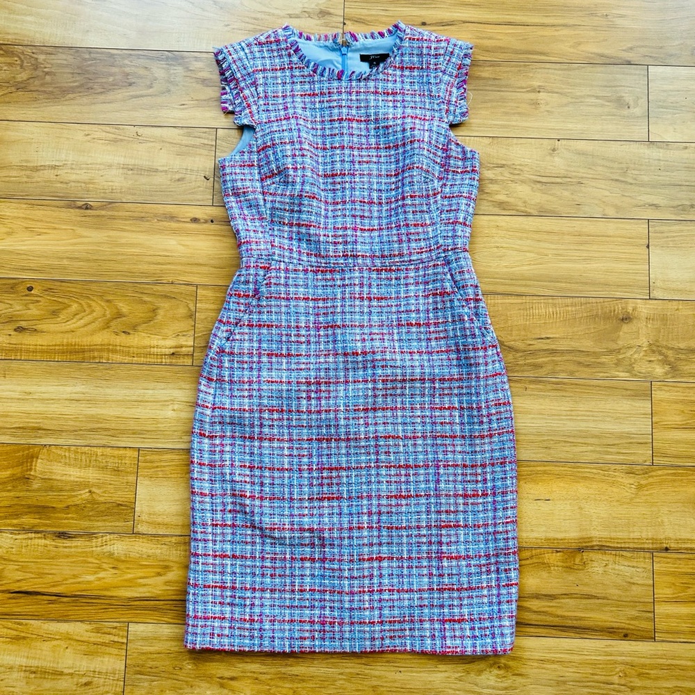 NEW W/O TAGS J Crew Fringed Tweed Resume Dress w Pockets Red and Lavender Sz 6